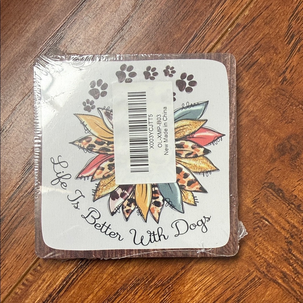NWT Life is Better with Dogs Square Wooden Sign Decor Flower Design 4” x 4”